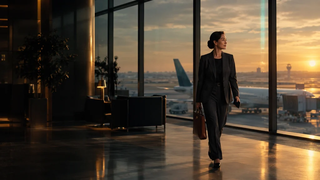 Southeast Asian businesswoman in a tailored navy suit walking through a quiet airport lounge at dawn, carrying only a leather briefcase, city skyline visible through the glass.