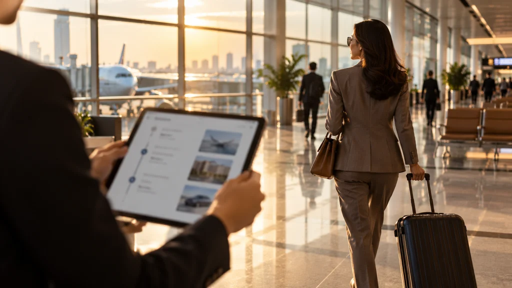 Executive walking through a Southeast Asian airport while an assistant manages the trip on a tablet