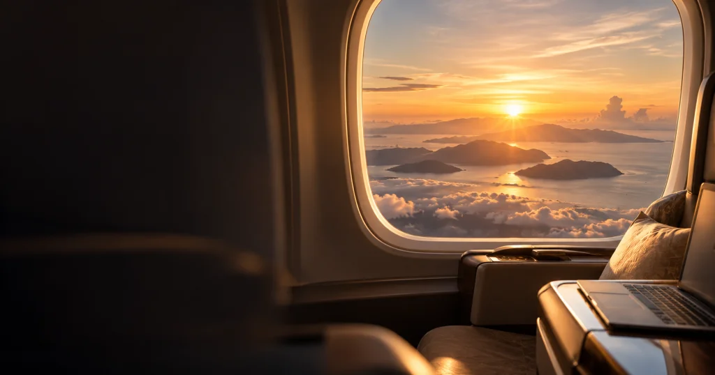 View from an aircraft window at sunrise over Southeast Asia during an executive business trip