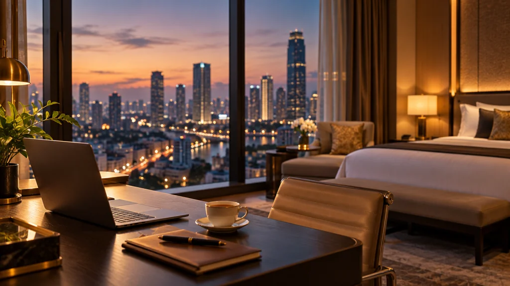 Quiet hotel room with a work desk and city view, showing what matters in executive hotel booking