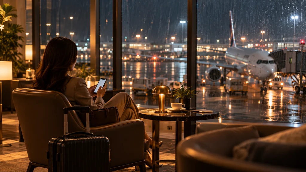 Executive waiting calmly in an airport lounge during a delay, handled through travel disruption management