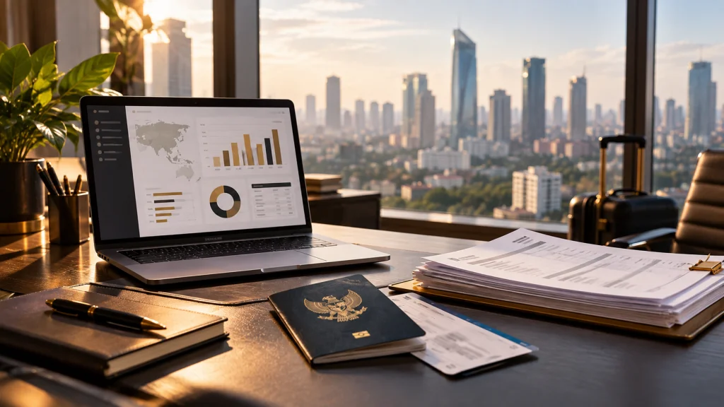Laptop with a travel spending dashboard beside invoices and a passport, tracking executive travel spend